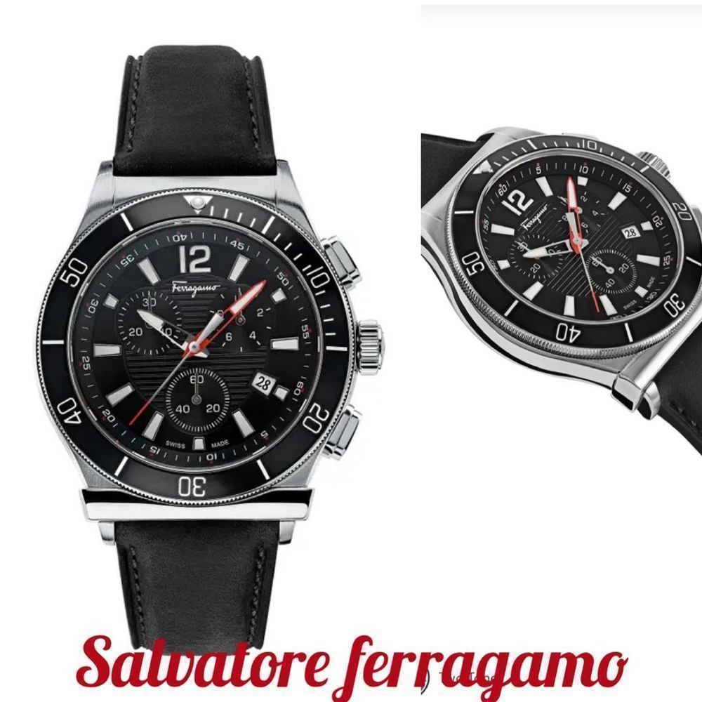 Authentic Salvatore Ferragamo Mens Black 44 mm Ferragamo 1898 Chronograph Sport
